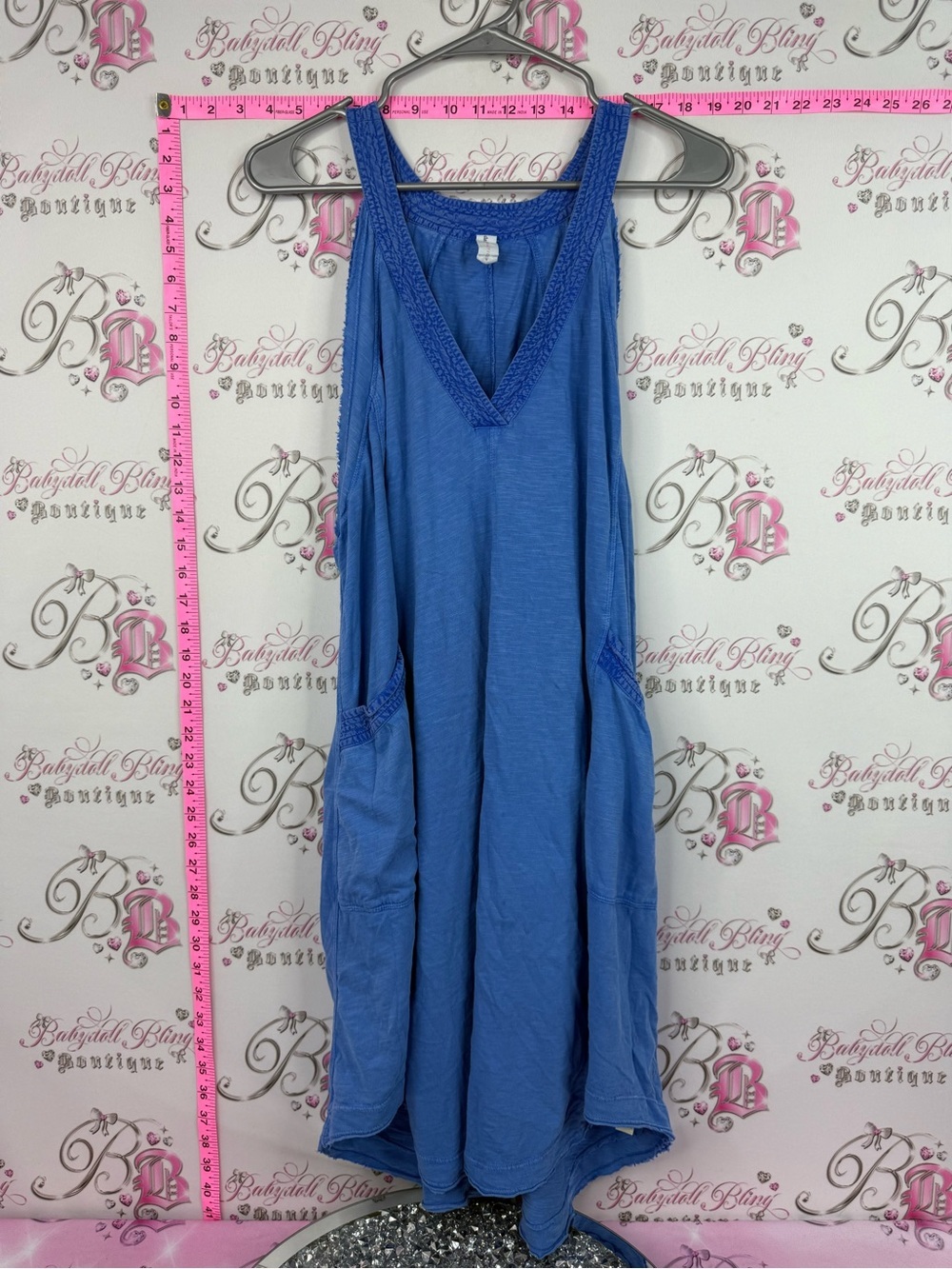Daily practice dress Casual Blue Midi Tank Dress with Crochet Trim